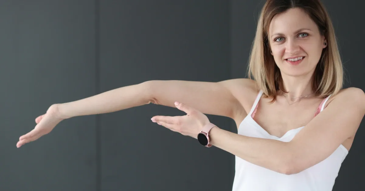 Woman Demonstrating Elbow Terminal Extension Beyond 180º (AKA hyper mobile elbow)