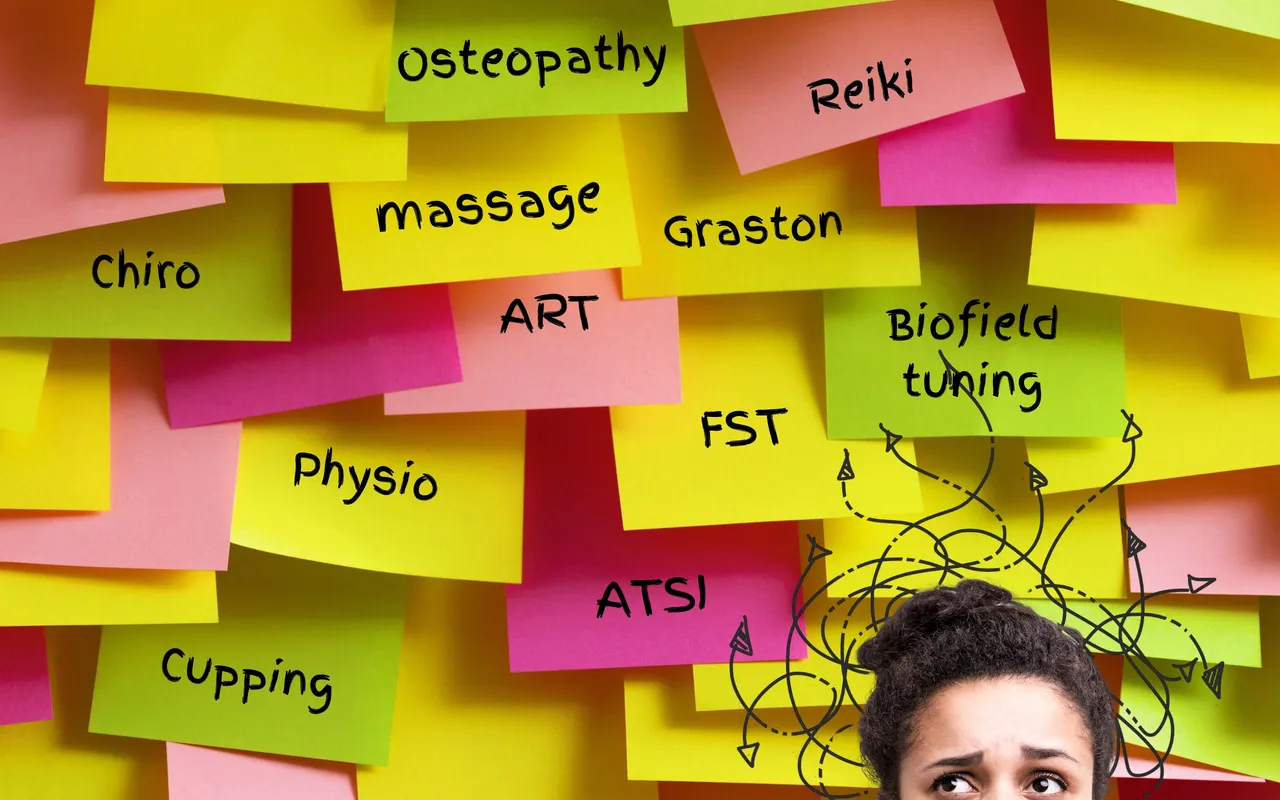 picture of several overlapping post-it notes with various therapy acronyms and jargon on them with a confused woman looking up at them