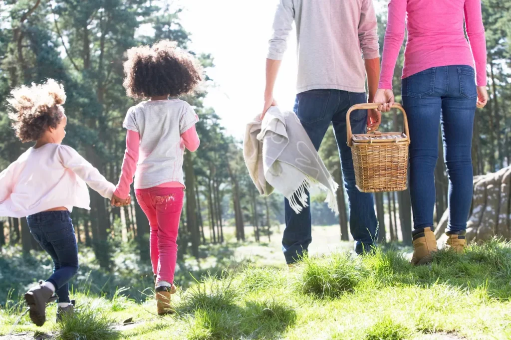 healthy family of four walking to a remote area for a picnic